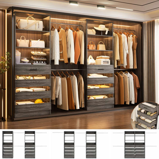 8-11FT Closet Organizer with Drawers, Walk-in Wardrobe Closet System with 4 Hanging Rods