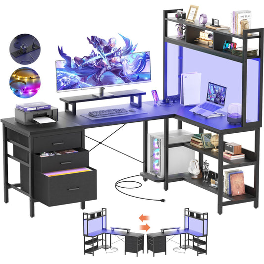 L Shaped Computer Desk with Hutch, Power Outlets, LED Lights & Storage Drawers