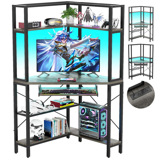 Corner Computer Desk with Hutch, Gaming Desk with Keyboard Tray for Home Office