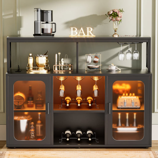 Wine Bar Cabinet with Glass Holders and and Doors, Buffet Wine cabinet with Power Outlet