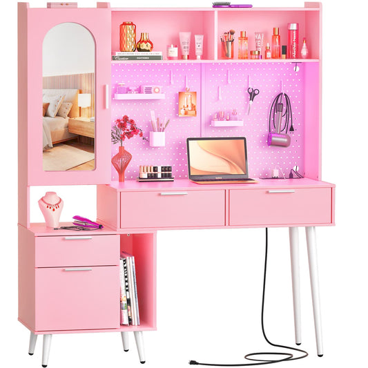 Makeup Vanity with Hutch, LED Lighted Mirror & Charging Station