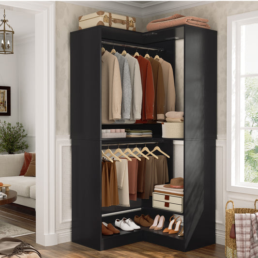 Freestanding Corner Closet System with 2 Hanging Rods and Shoes Shelf