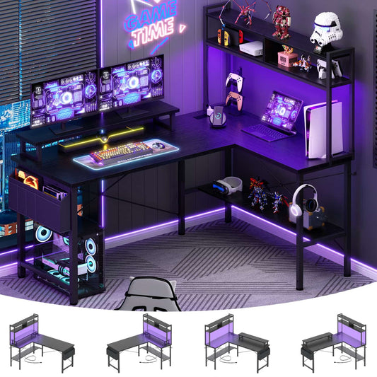 L-Shaped Computer Desk with Monitor and Hutch, Gaming Desk with Charging Station
