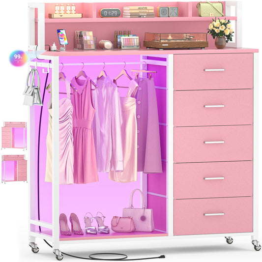 Dresser for Bedroom with Clothes Rack & Shelves, 5 Drawers Dresser with Charging Station