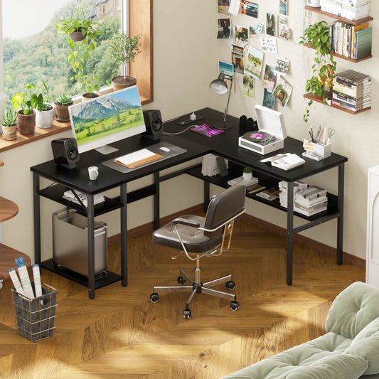 L Shaped Desk with Storage, Power Outlet, USB Ports, Reversible Computer Desk
