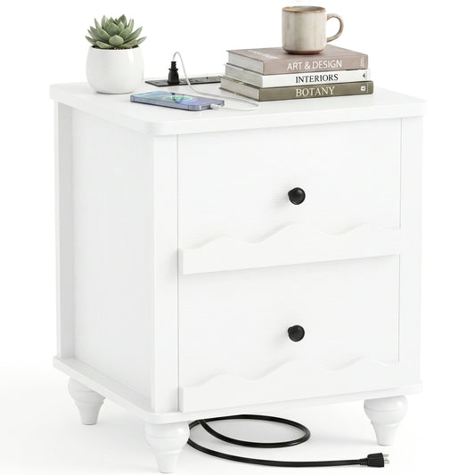 Wooden Nightstand with Charging Station, Storage Dresser with 2 Drawers