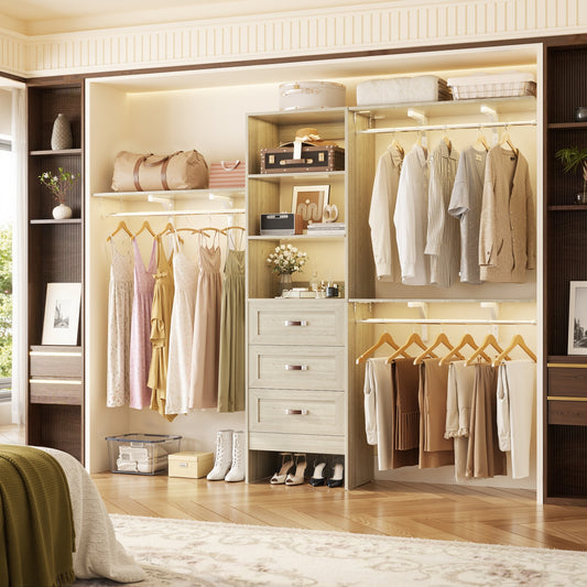 Closet Organizer System with Hanging Rods and Shelves, Wardrobe System with Drawers