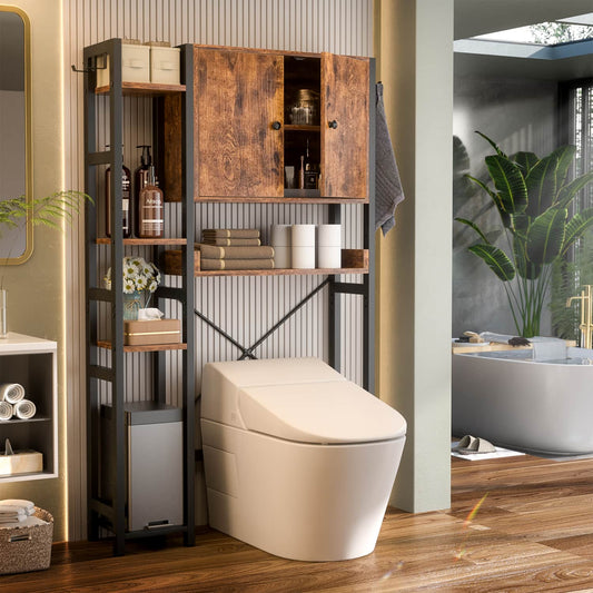 7-Tier Bathroom Organizer with Adjustable Shelf, Over The Toilet Storage Rack with 4 Hooks and Drawers