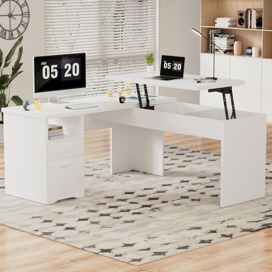 56'' Lift Top Computer Desk with Drawers and Power Outlets, Lift Top-White