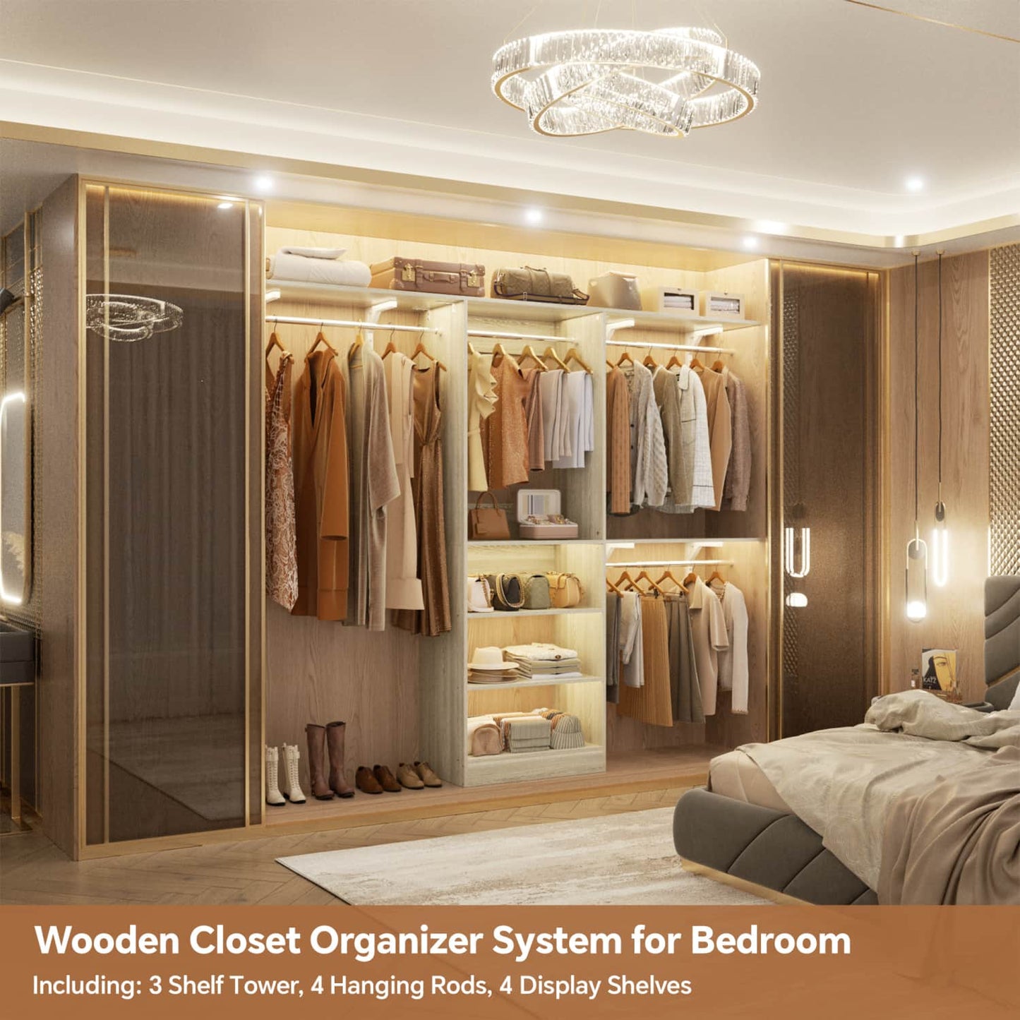 20-96'' W Closet System with Hanging Rods and Shelves, Closet Organizer for Bedroom