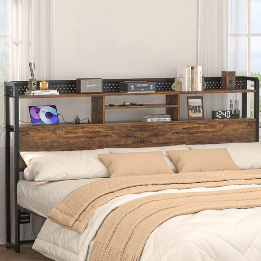 King Storage Headboard with Led Lights & Charging Station