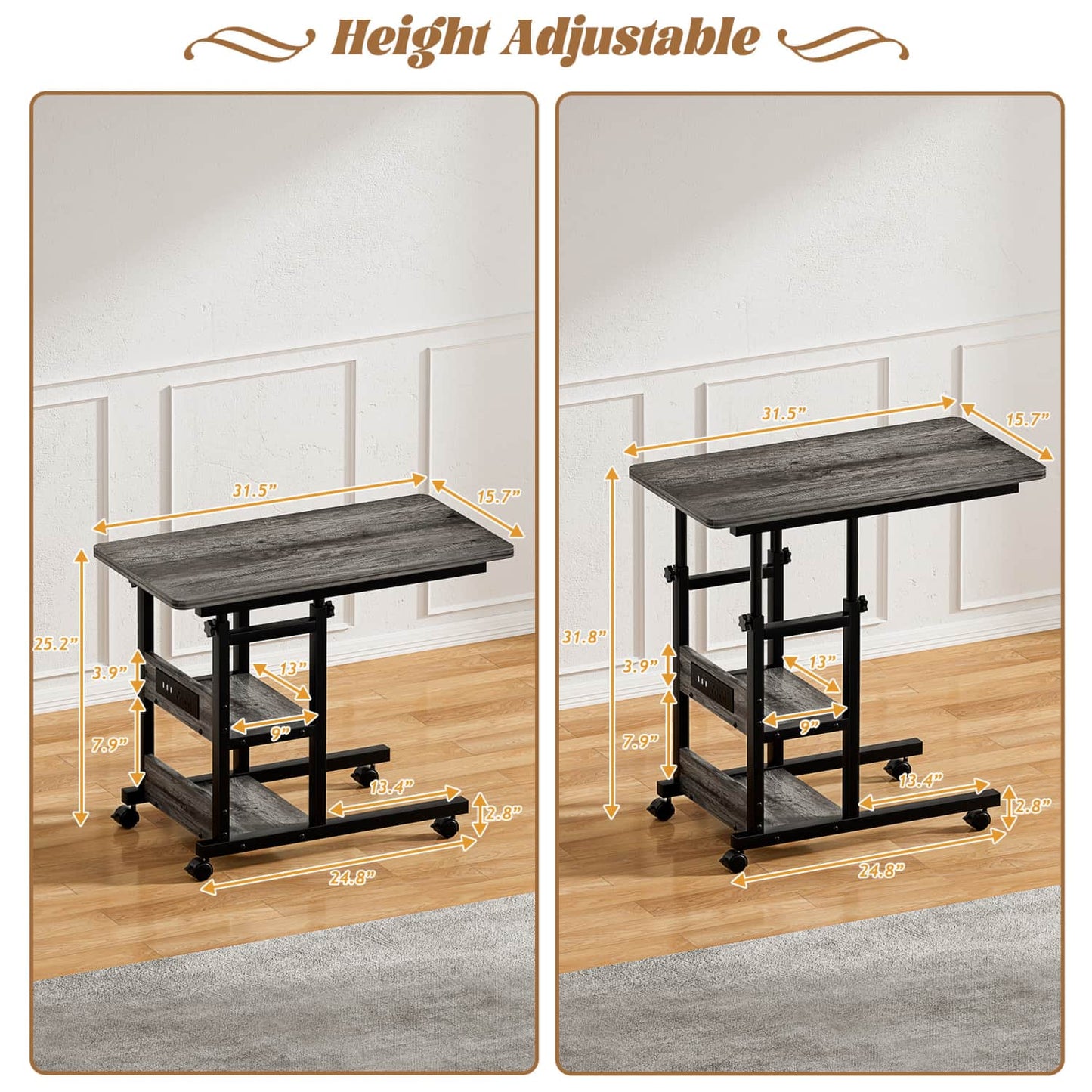 Height Adjustable C Table with USB Port and Wheels
