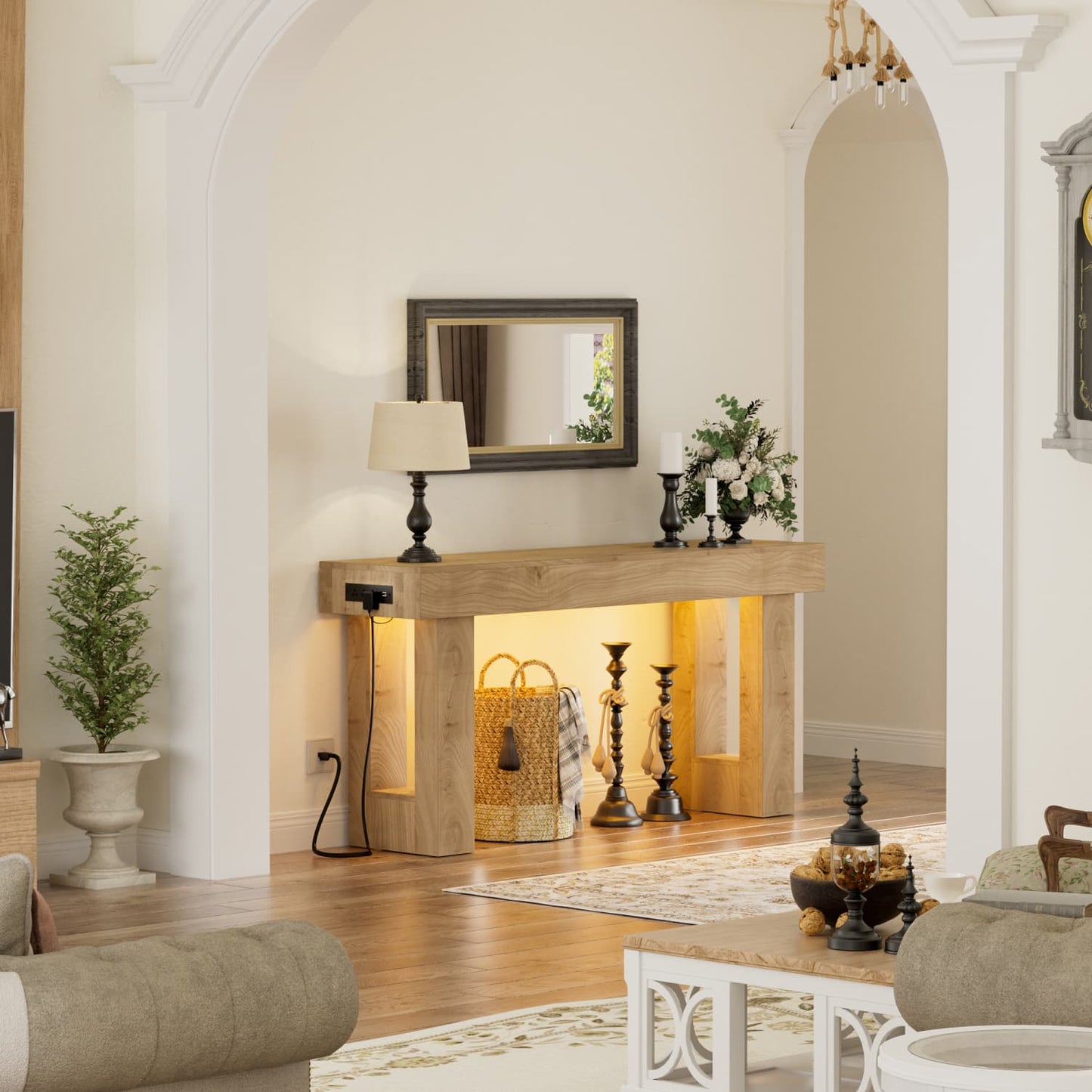 63inch Console Table with Power Outlets, Wood Narrow Entryway Table