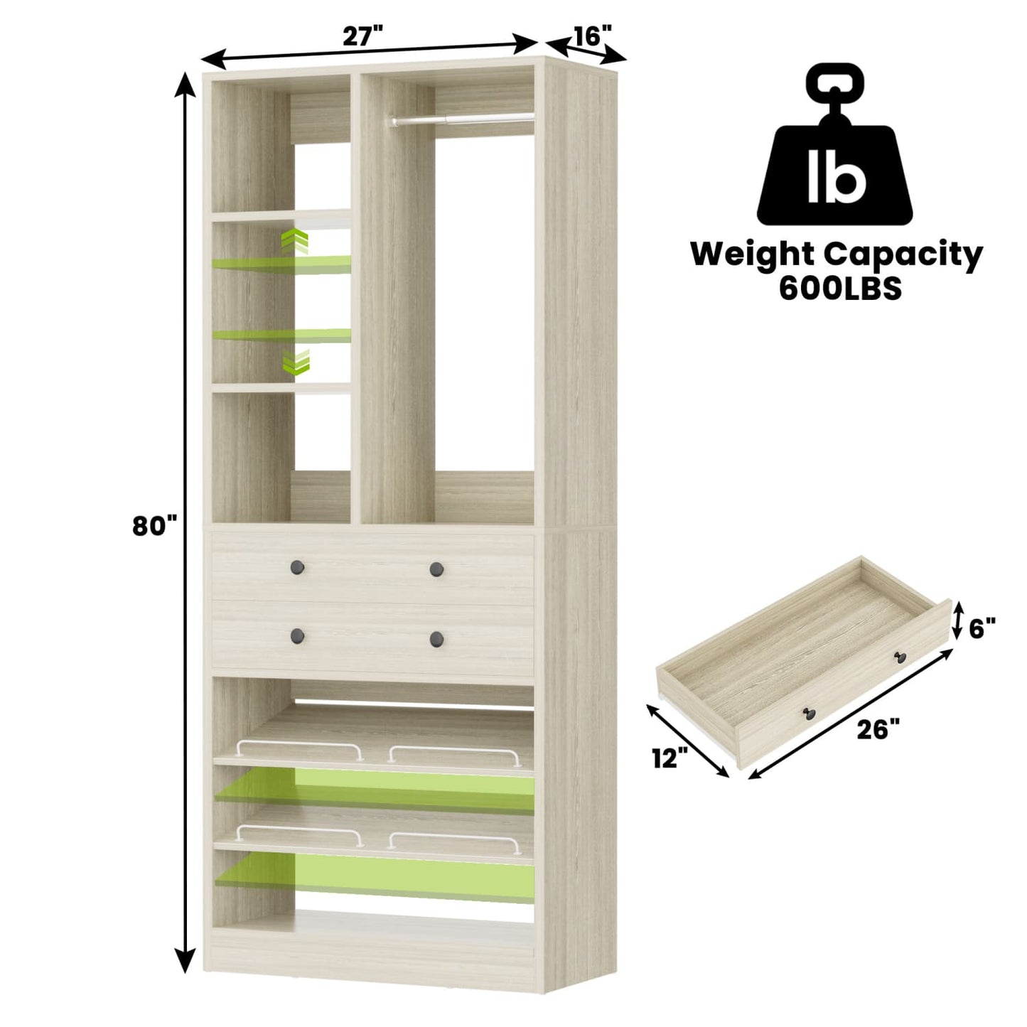 Closet Storage System with Adjustable Shoes Shelves, Closet Organizer with Drawer