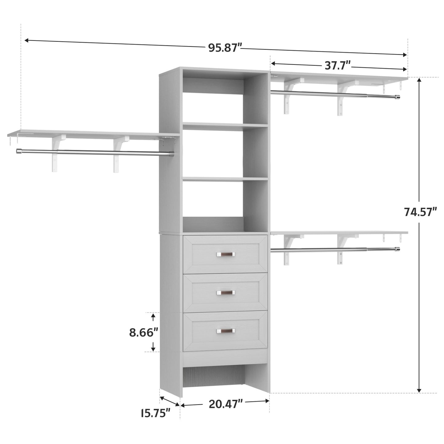 Closet Organizer System with Hanging Rods and Shelves, Wardrobe System with Drawers