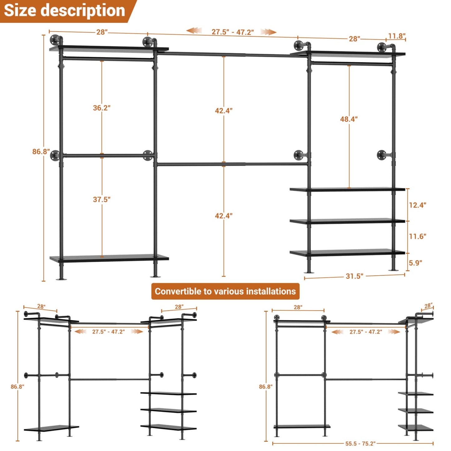 Garment Rack with Wood Shelves, Closet system Storage Rack