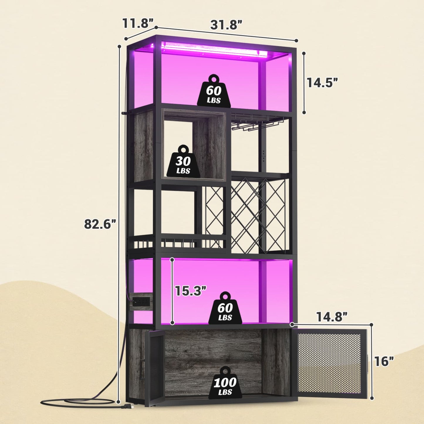 82.6" Tall Wine Bar Cabinet with LED Light and Outlets