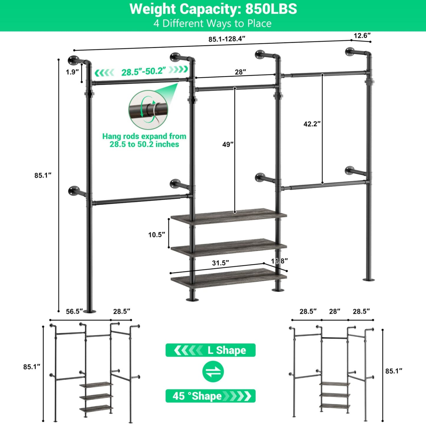 84"-128" Metal Pipe Clothing Rack Wall Mounted , Garment Rack