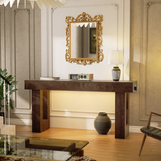 63inch Console Table with Power Outlets, Wood Narrow Entryway Table