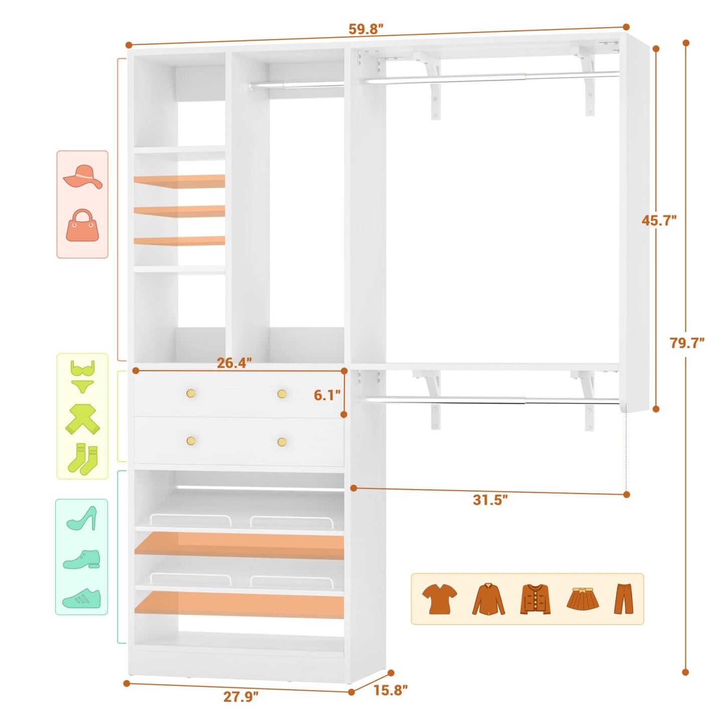 Closet System with Wooden Drawers and Two Hanging Rods
