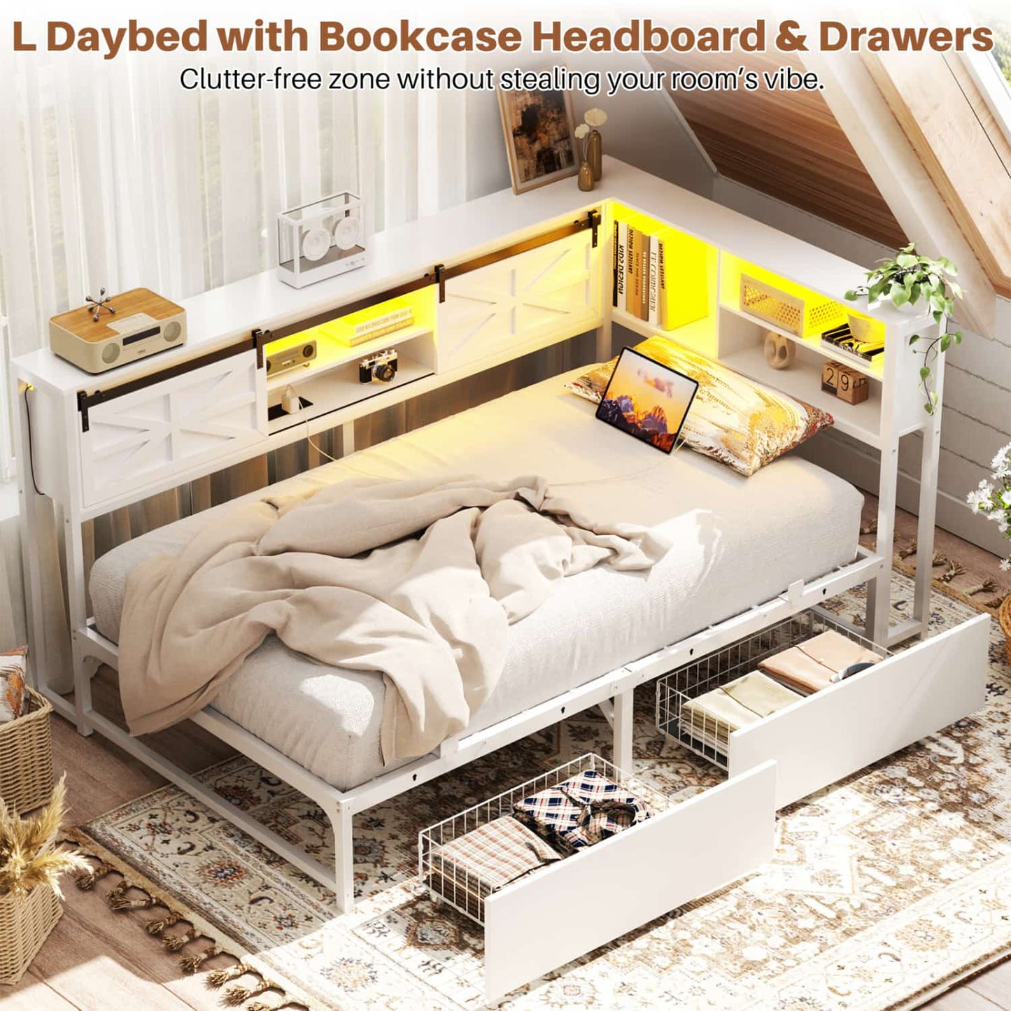 Bookcase Daybed with Wood Drawer, Corner Bed Frame with Sliding Door
