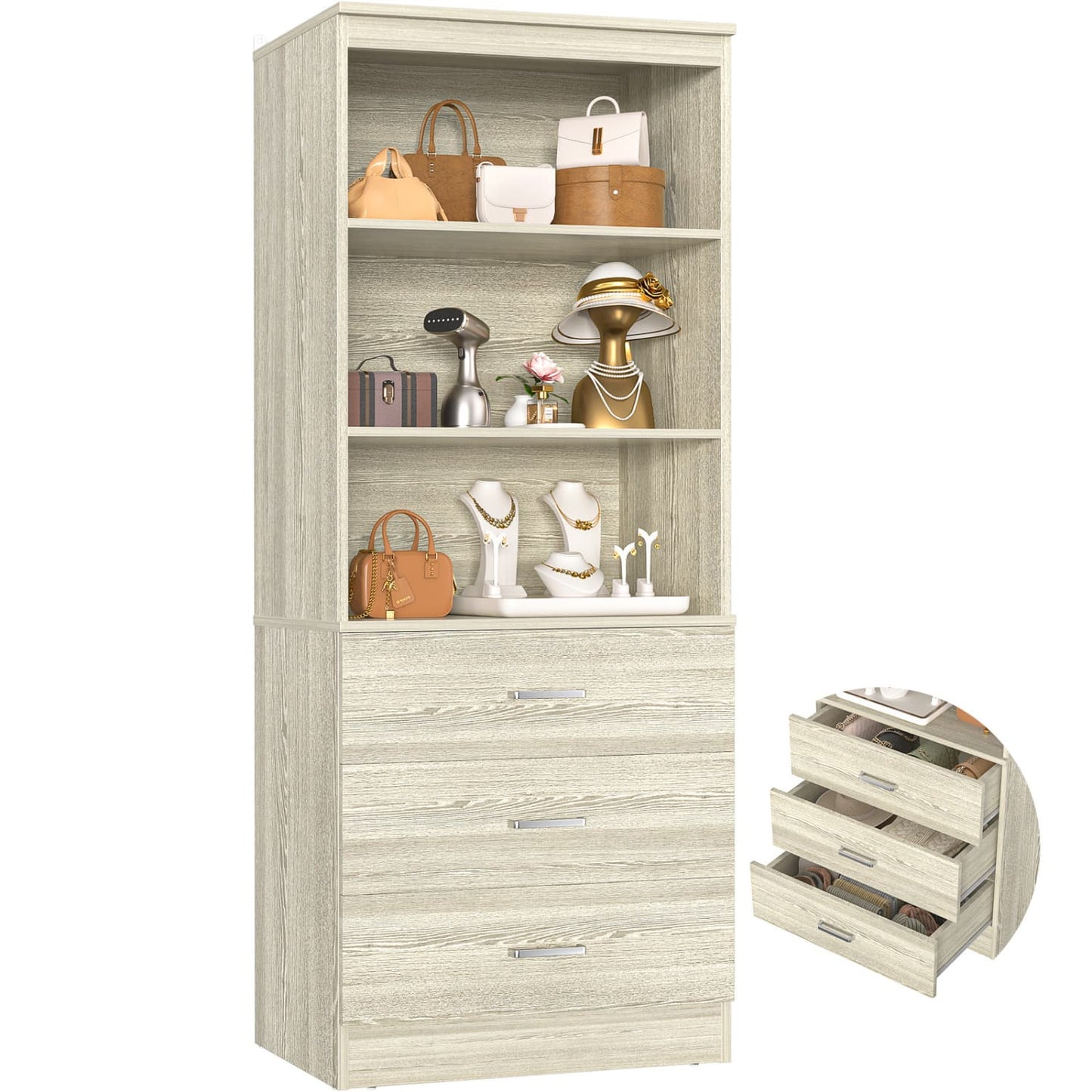 24-In Closet Organizer System with Wooden Drawers and Storage Shelves