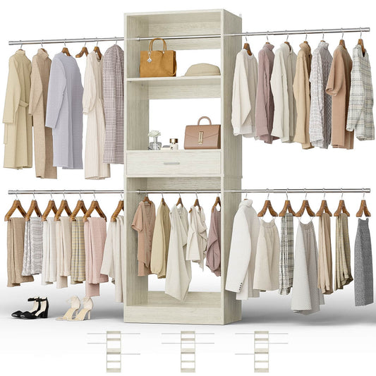 Freestanding Closet Organizer with 10 Hanging Rods, Wooden Closet System with Shelves