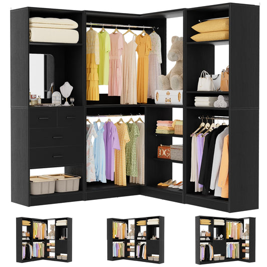 Wood Closet System, Freestanding Closet Organizer with Drawers and Mirror