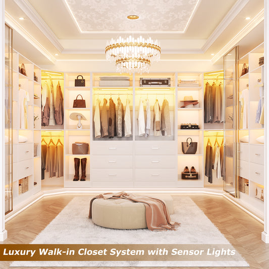 Corner Closet System with 2 Sensor Lights, Corner Closet Organizer with 3 Drawers, 13 Shelves & 3 Hanging Rods