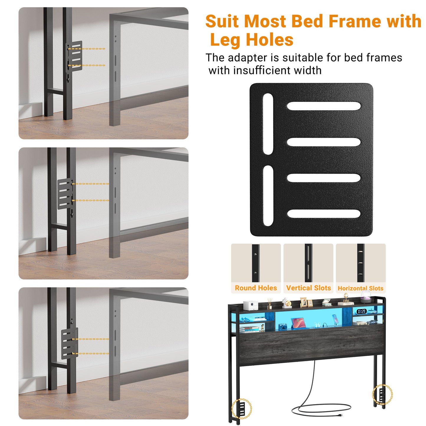 Queen Headboard with Storage shelves and Charging Station, Wood Headboard with LED Light