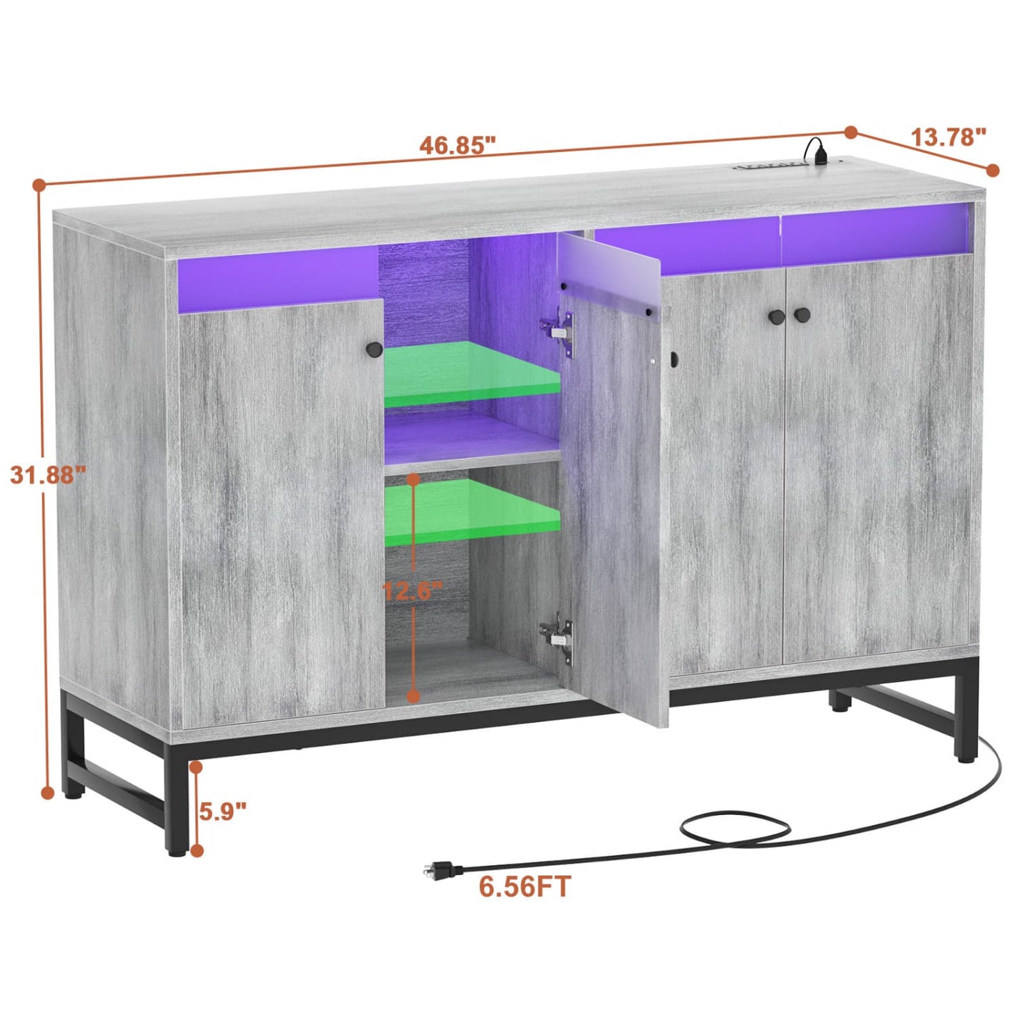 Storage Buffet Cabinet with Adjustable Shelves, Coffee Bar with Charging Station, LED Light