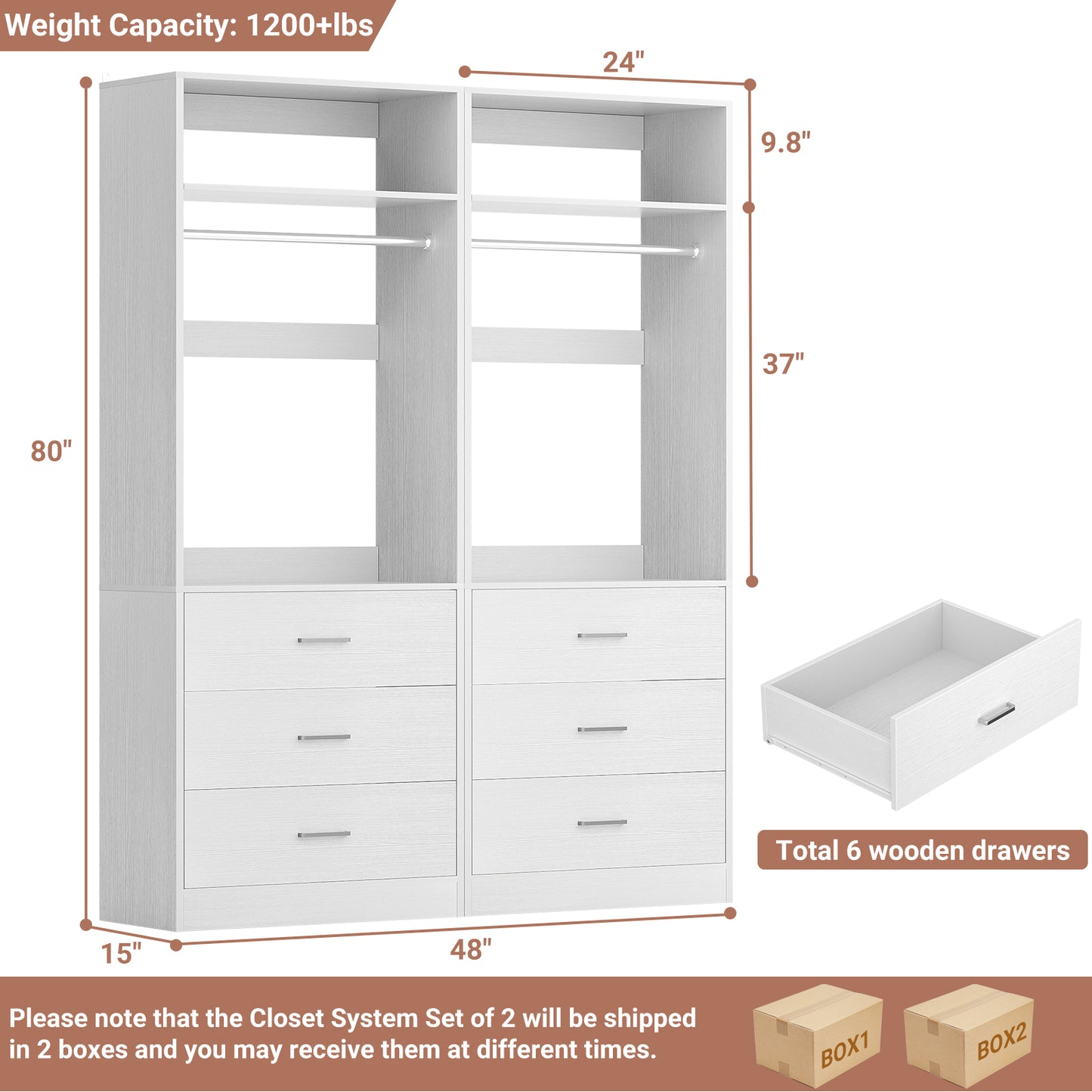 Closet System Set of 2, 4FT Closet Systems with 6 Wood Drawers