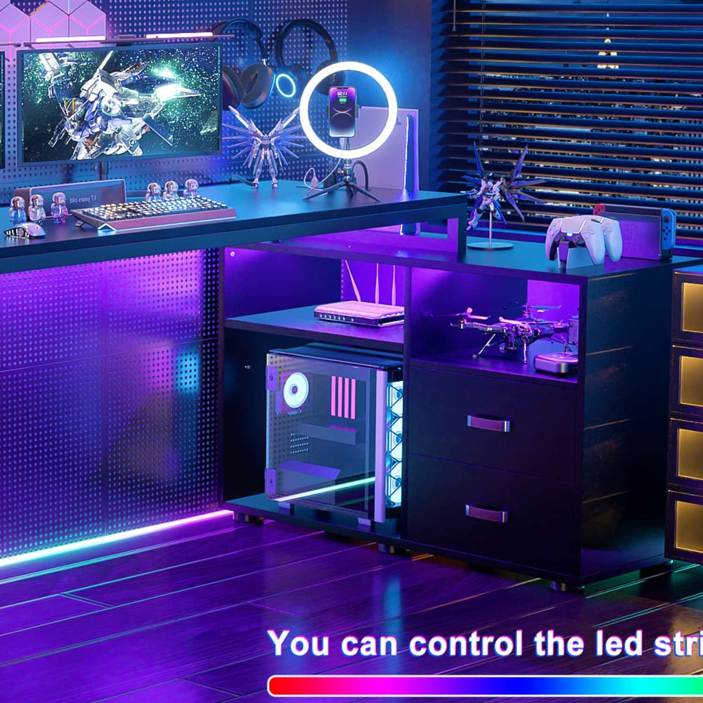 62" L Shaped Computer Desk with File Drawer, LED Lights