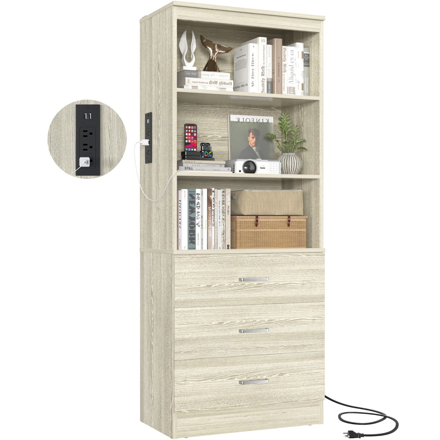 Bookcase with Charging Station, Storage Bookshelves with Wood Drawers