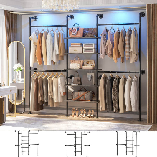 77-In Heavy-duty Garment Rack with Storage Shelves, Pipe Closet Organizer with 4 Hanging Rods