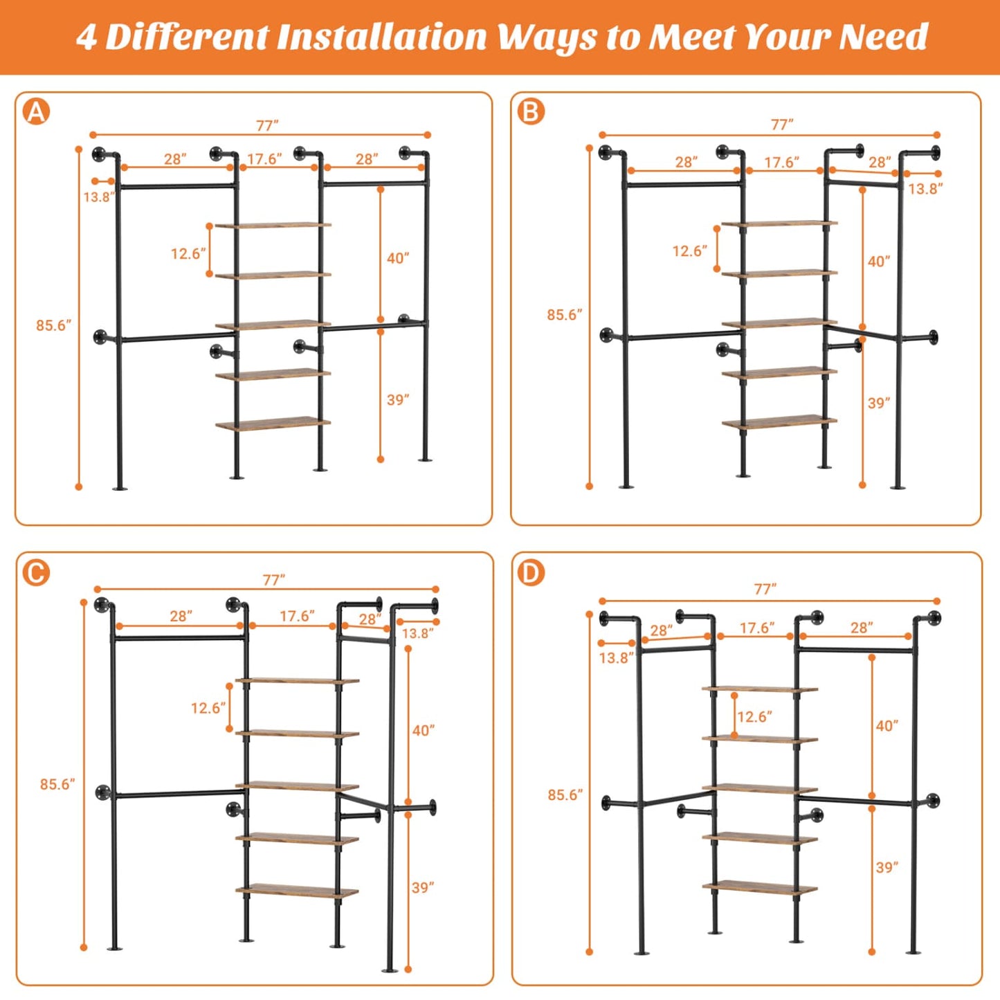 77-In Heavy-duty Garment Rack with Storage Shelves, Pipe Closet Organizer with 4 Hanging Rods