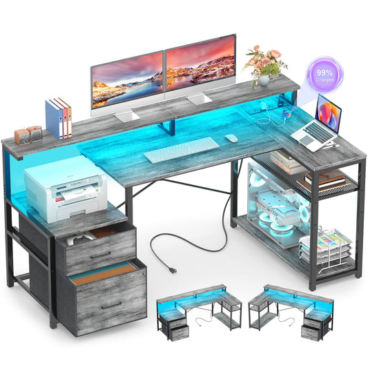 57-In L Shaped Computer Desk with Charging Station for Home Office