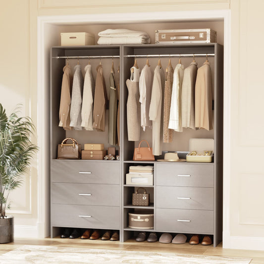 54-In Closet System Set with Wood Drawers, Freestanding Closet Organizer with Hanging Rods