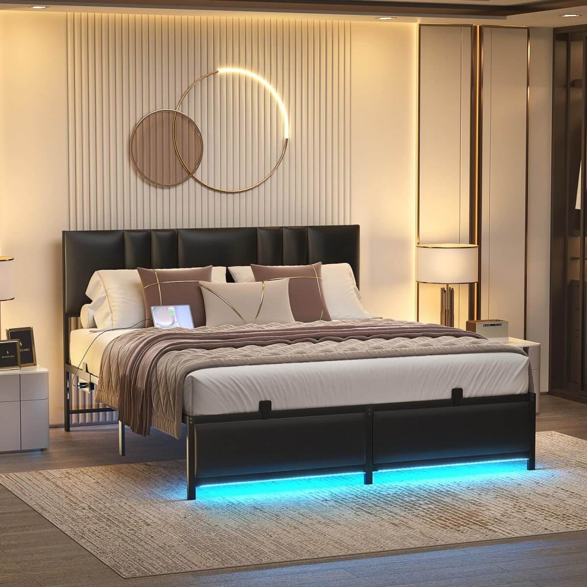 Black Bed Frame with 3 Height Adjustable Headboard, with Power Outlet & LED Light, Queen/Full/Twin Size