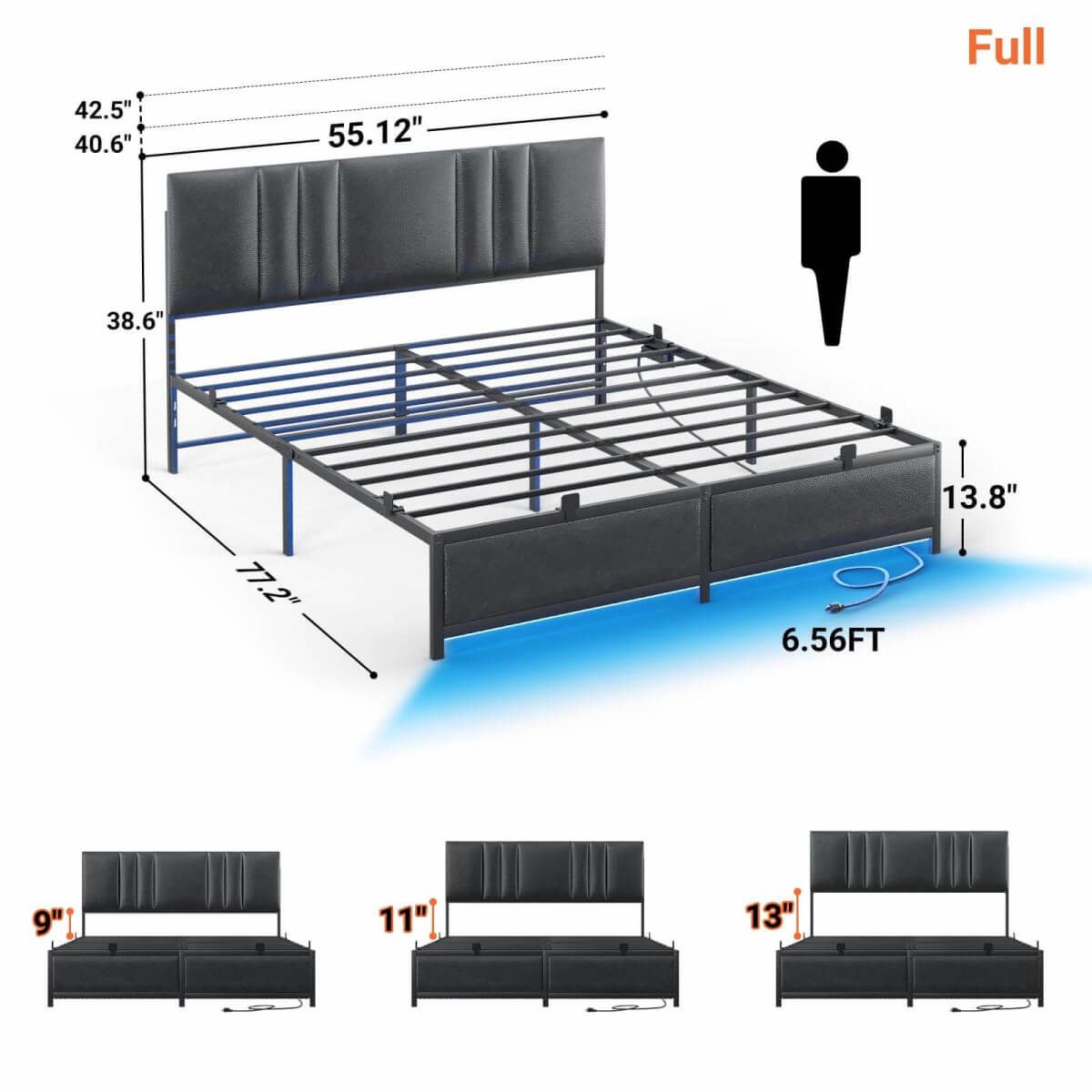 Black Bed Frame with 3 Height Adjustable Headboard, with Power Outlet & LED Light, Queen/Full/Twin Size