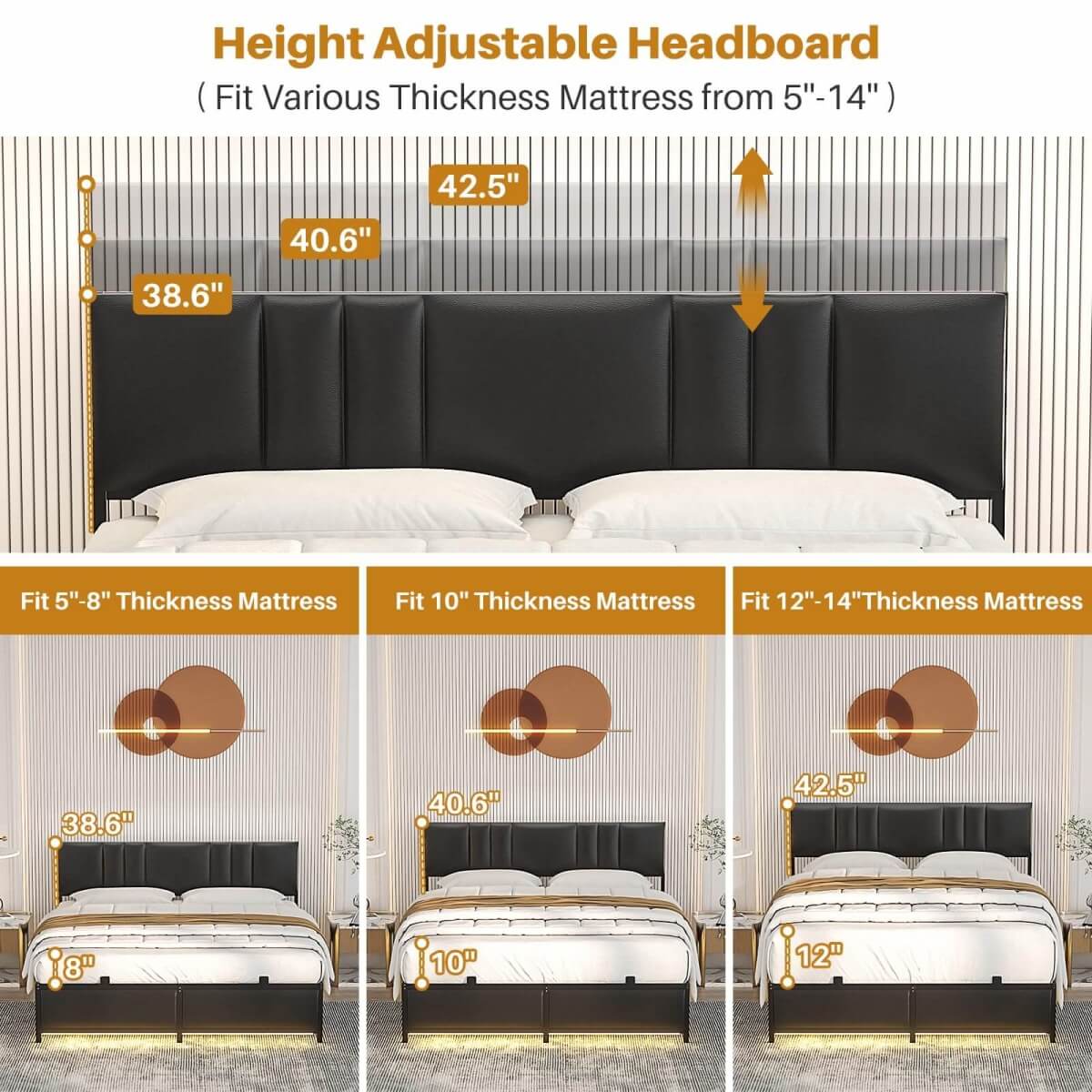 Black Bed Frame with 3 Height Adjustable Headboard, with Power Outlet & LED Light, Queen/Full/Twin Size