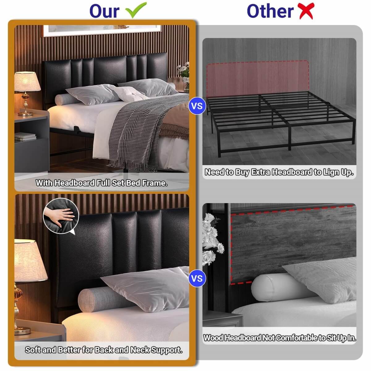 Black Bed Frame with 3 Height Adjustable Headboard, with Power Outlet & LED Light, Queen/Full/Twin Size