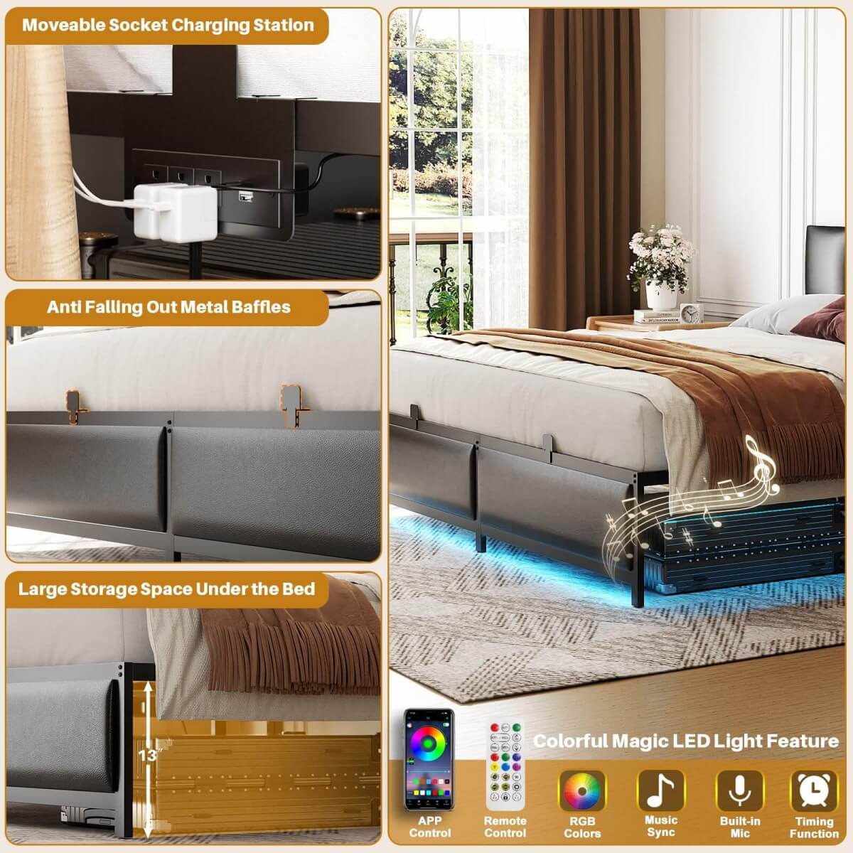 Black Bed Frame with 3 Height Adjustable Headboard, with Power Outlet & LED Light, Queen/Full/Twin Size