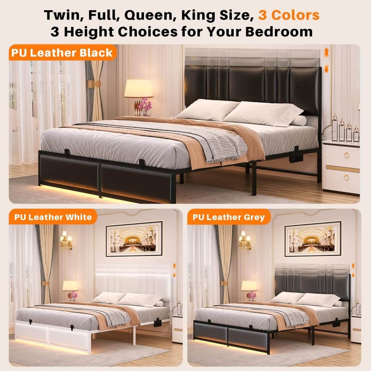 Black Bed Frame with 3 Height Adjustable Headboard, with Power Outlet & LED Light, Queen/Full/Twin Size