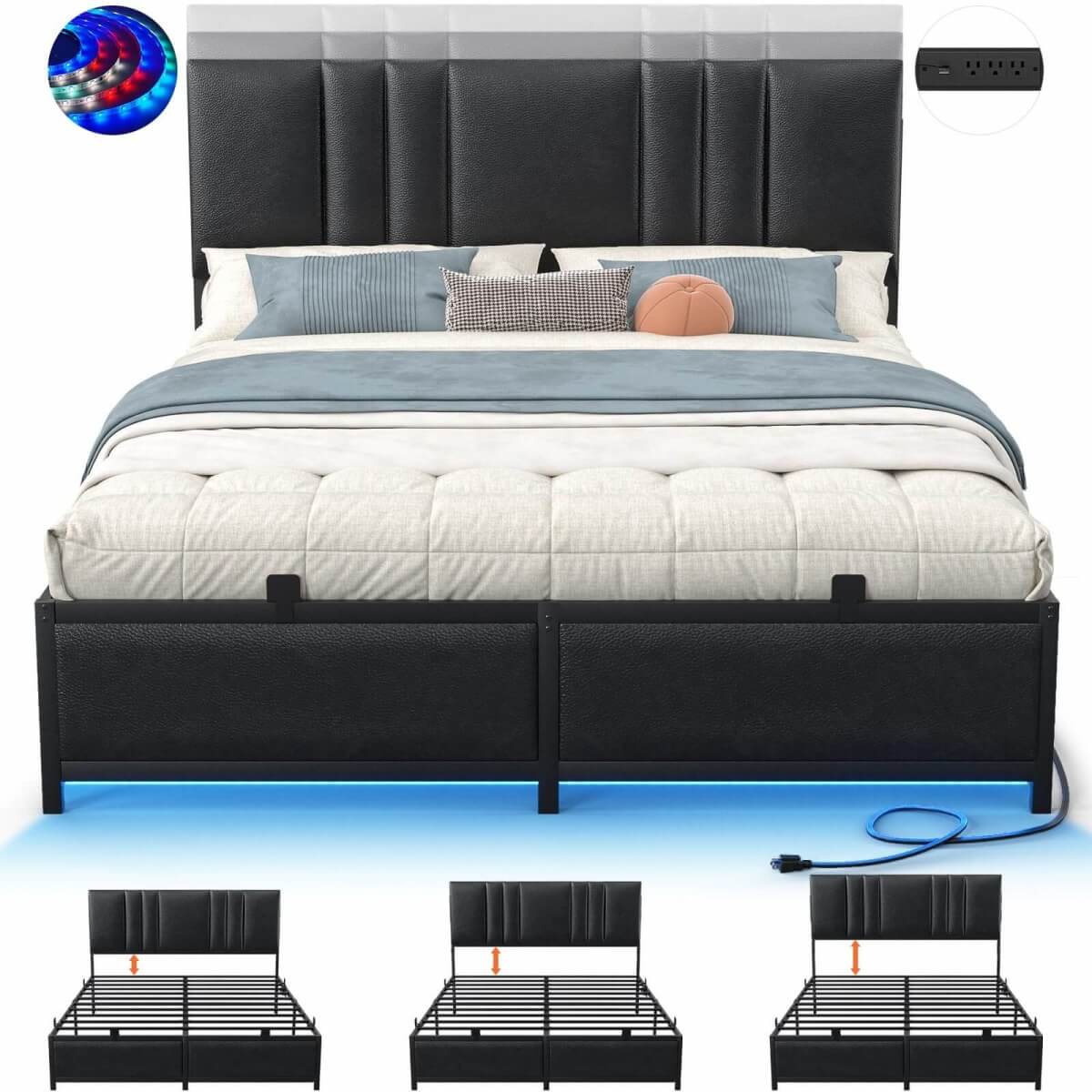 Black Bed Frame with 3 Height Adjustable Headboard, with Power Outlet & LED Light, Queen/Full/Twin Size