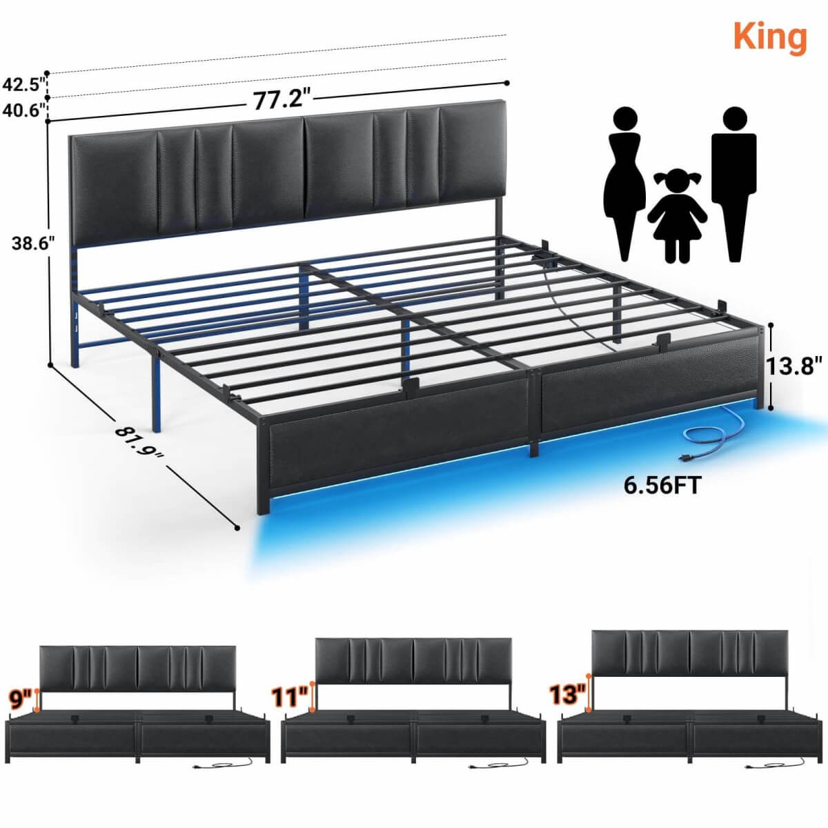 King Size Bed Frame with 3 Height Adjustable Headboard