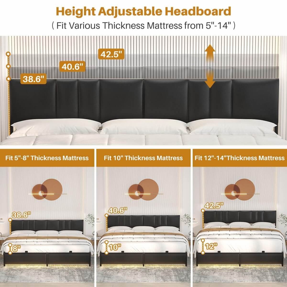King Size Bed Frame with 3 Height Adjustable Headboard