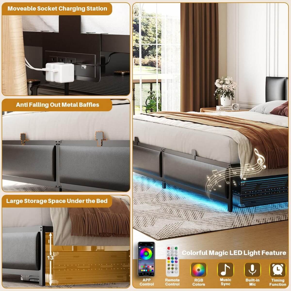 King Size Bed Frame with 3 Height Adjustable Headboard