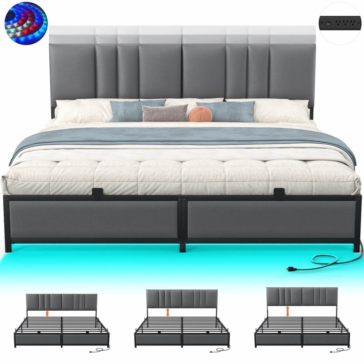 King Size Bed Frame with 3 Height Adjustable Headboard