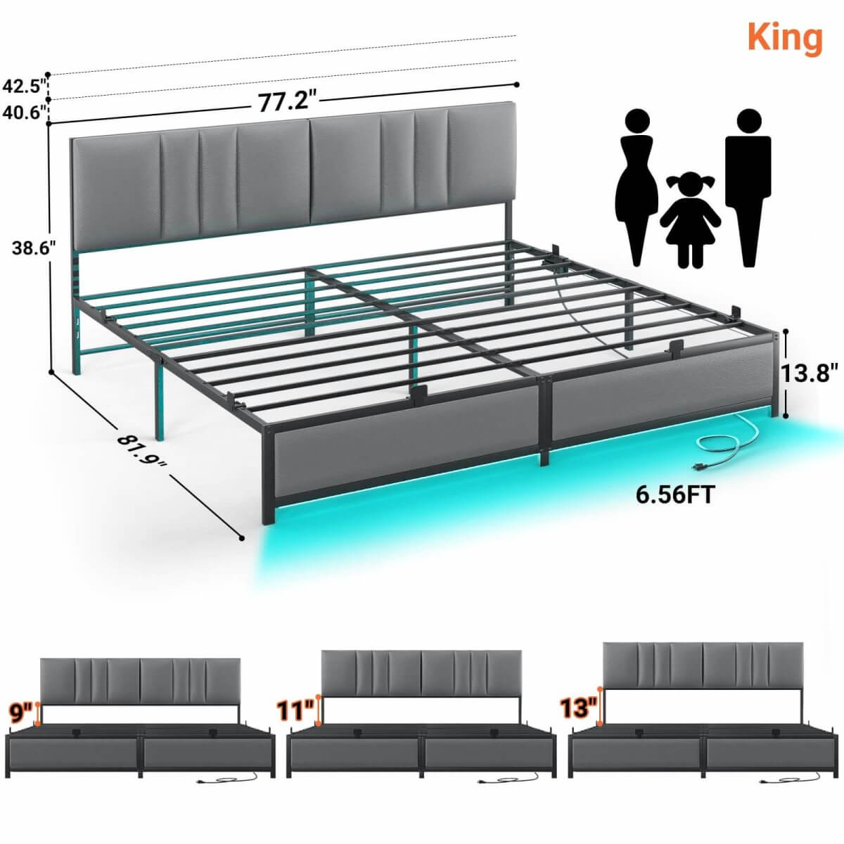 King Size Bed Frame with 3 Height Adjustable Headboard